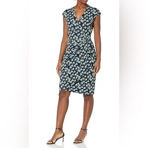 NWT Lark & Ro Womens Cap Sleeve Wrap Floral Navy & Green Dress Size L